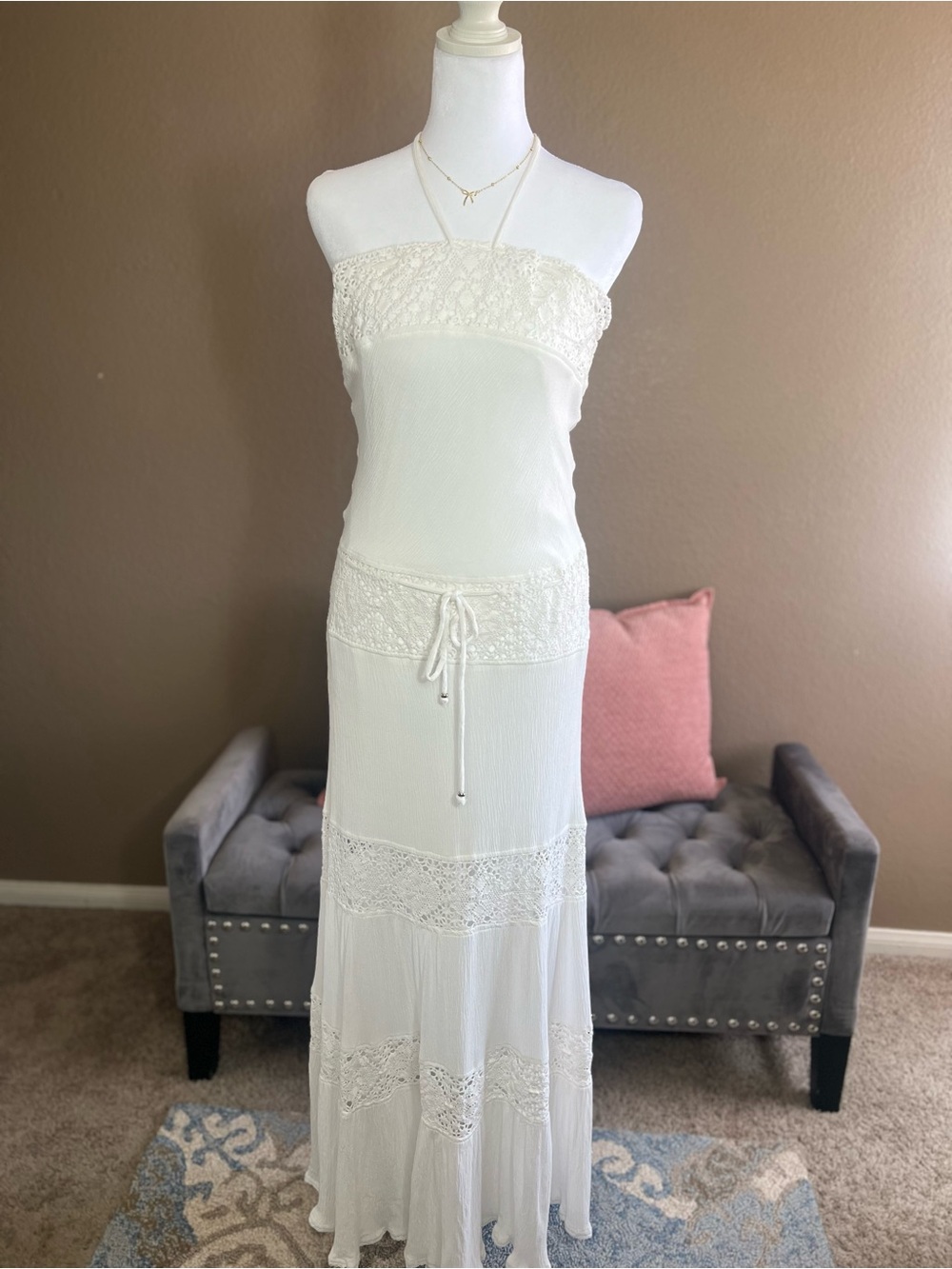 ANGL White Strapless Crochet Lace Maxi Dress Size L